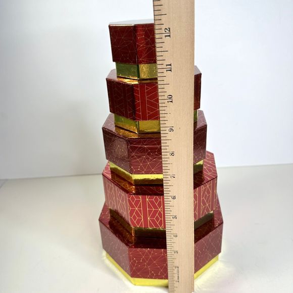 Nested Boxes Set of 5 Red and Gold Stackable with Lids - Picture 3 of 9
